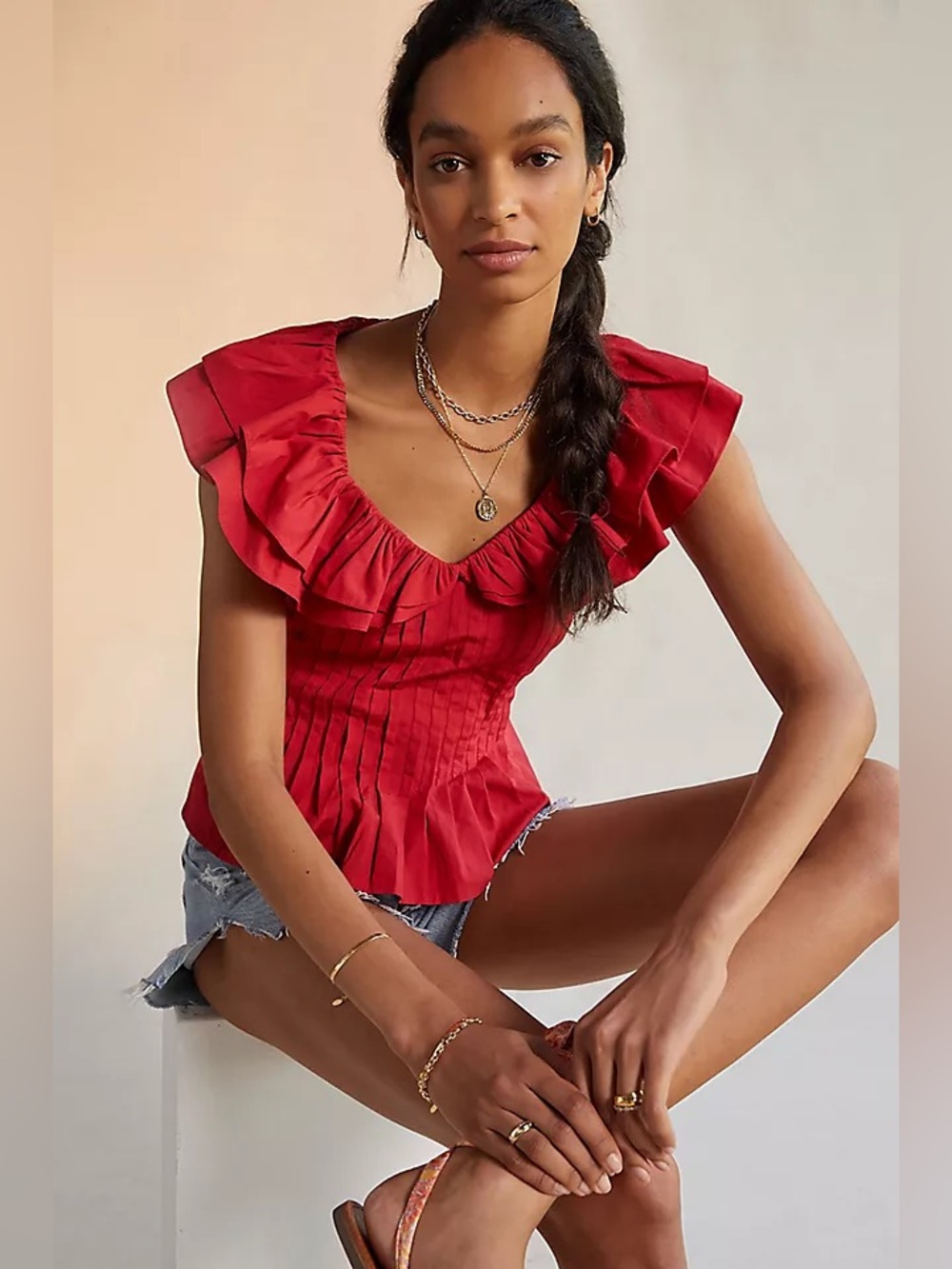 Forever That Girl Anthropologie Pintucked Ruffled Blouse Sz Medium
